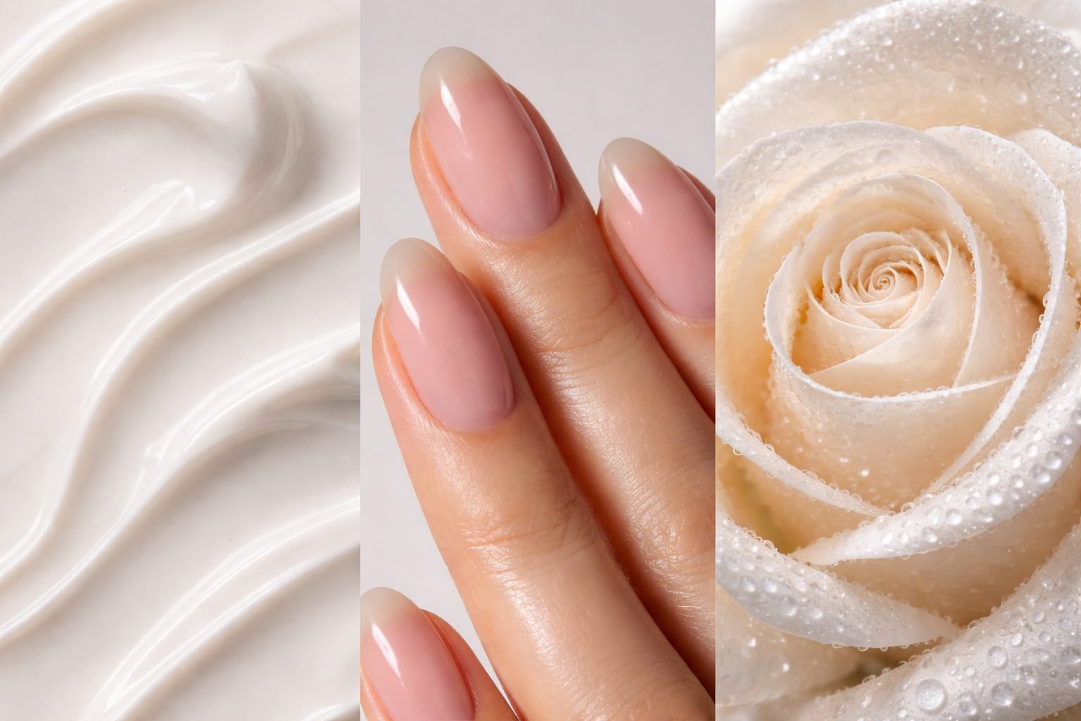 Soft cream texture, pink almond-shaped gel nails and a white rose with dew drops